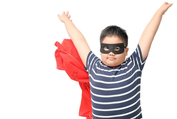 Criança Gorda Joga Super Herói Isolado Fundo Branco Conceito Poder — Fotografia de Stock