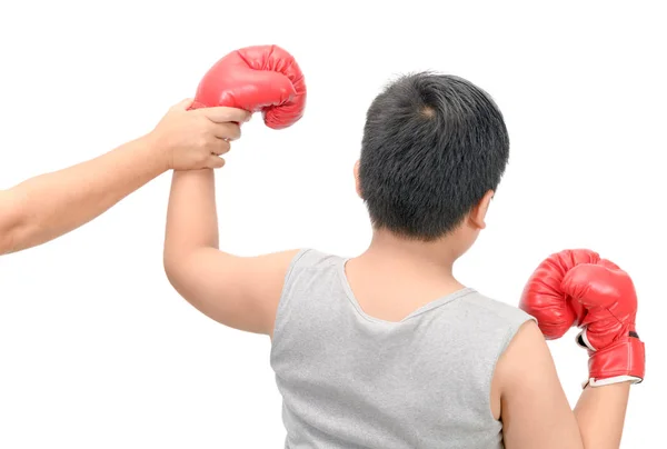 Parte Trás Campeão Boxe Menino Gordo Gesticulando Para Triunfo Vitória — Fotografia de Stock