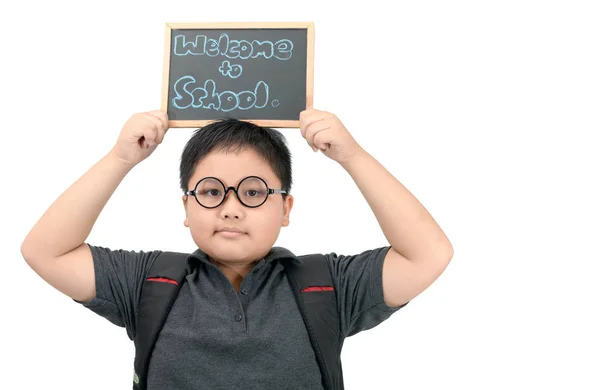 Asiático Estudante Mostrando Bem Vindo Escola Quadro Isolado Fundo Branco — Fotografia de Stock