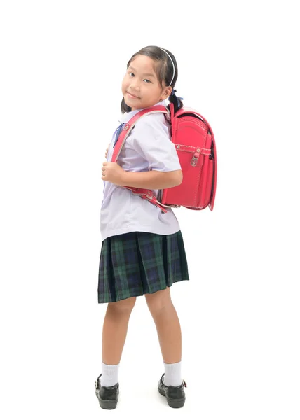 Милый Азиатский Студент Школьной Сумкой Изолированы Белом Фоне Обратно Школьной — стоковое фото