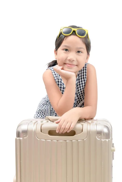 Felice Viaggiatore Asiatico Con Bagaglio Isolato Sfondo Bianco Viaggio Concetto — Foto Stock