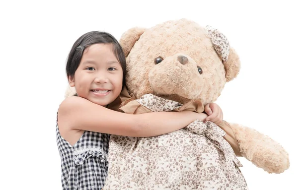 Schattig Meisje Knuffelen Grote Teddy Beer Geïsoleerd Een Witte Achtergrond — Stockfoto