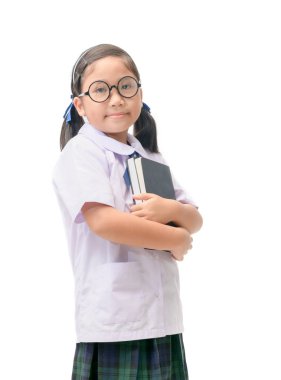 Sevimli Asya öğrenci okul kavramı başa beyaz arka plan üzerinde izole kitap