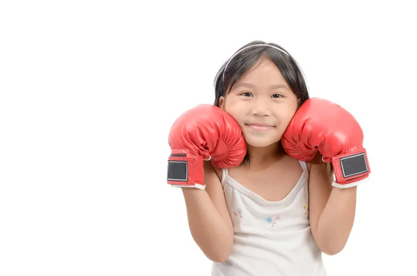 Sonríe Chica Luchando Con Guantes Boxeo Rojos Aislados Sobre Fondo —  Fotos de Stock