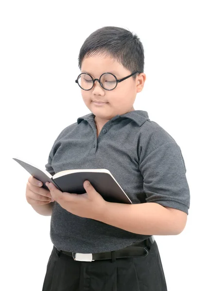 Tlustý Student Čtení Knihy Izolovaných Bílém Pozadí Koncepce Vzdělávání — Stock fotografie