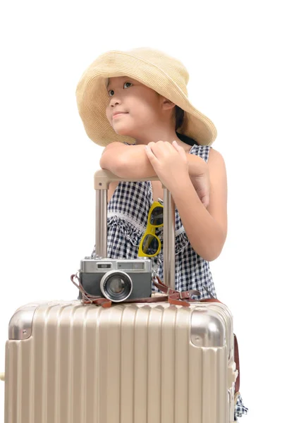 Szczęśliwy Azjatki Dla Podróżujących Bagażem Białym Tle Białym Tle Podróży — Zdjęcie stockowe