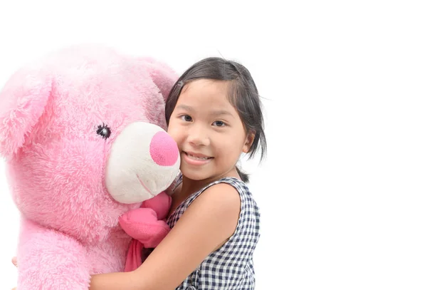 Schattig Meisje Knuffelen Roze Teddybeer Geïsoleerd Witte Achtergrond — Stockfoto