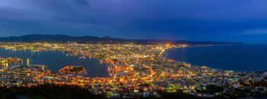 Dağ Hakodate, kış sezonu, Hokkaido, Japonya görünümünden Hakodate şehir panoraması
