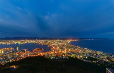 Dağ Hakodate, kış sezonu, Hokkaido, Japonya görünümünden Hakodate şehir panoraması