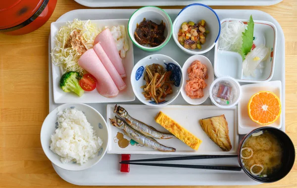 Pequeno Almoço Típico Japonês Mesa Madeira Vista Superior — Fotografia de Stock