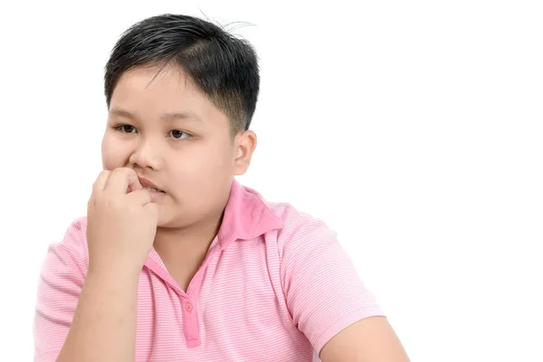 Obese Fat Boy Nervous Expression Nail Biting Isolated White Background — Stock Photo, Image