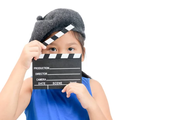 Pequeno Diretor Segurando Placa Palmas Filme Ardósia Para Fazer Cinema — Fotografia de Stock