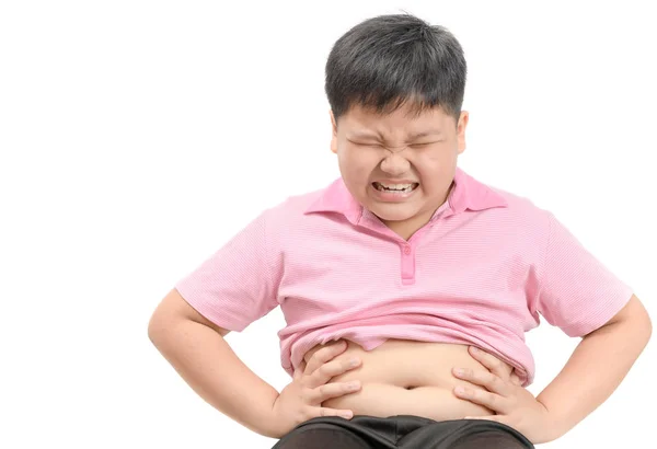 亚洲肥胖的孩子患有胃痛隔离在白色背角 健康的理念 — 图库照片
