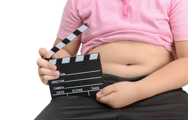 Obézní Tlustý Chlapec Klapky Desky Nebo Břidlice Film Pro Výrobu — Stock fotografie