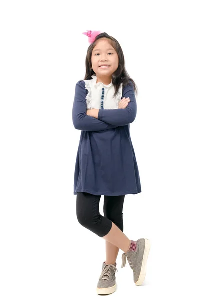 Милая Азиатская Девушка Красивом Голубом Платье Изолированы Белом Фоне Счастливый — стоковое фото