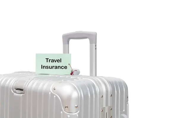 Valise Avec Étiquette Travel Insurance Isolée Sur Fond Blanc Concept — Photo