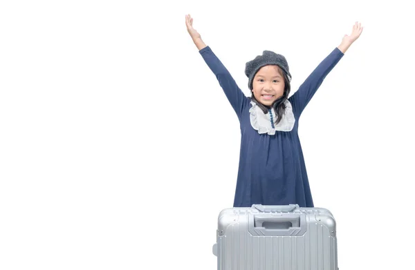 Szczęśliwa Dziewczyna Azjatyckich Bagażem Białym Tle Białym Tle Koncepcja Podróży — Zdjęcie stockowe