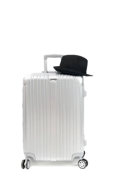 Valise Voyage Aluminium Chapeau Noir Isolés Sur Fond Blanc Concept — Photo