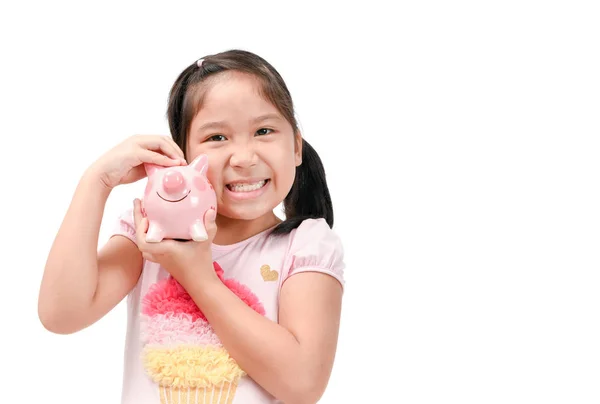 Gelukkig Leuk Aziatische Meisje Roze Spaarvarken Geïsoleerd Een Witte Achtergrond — Stockfoto