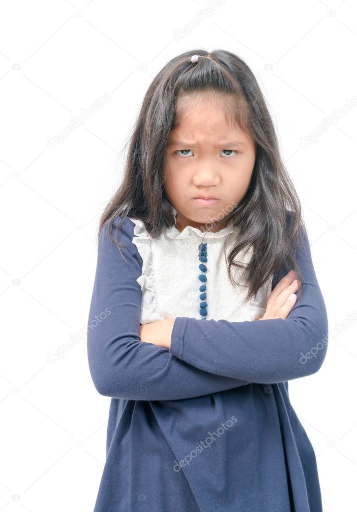 Angry little asian girl with blue dress isolated on white background, sign and gesture concept