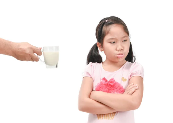 Verdrietig Meisje Weigert Drankje Een Verse Melk Geïsoleerd Een Witte — Stockfoto