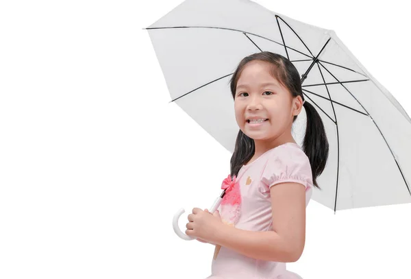 Cute Asian Dívka Usmívá Držet Deštník Izolován Bílém Pozadí Koncepce — Stock fotografie