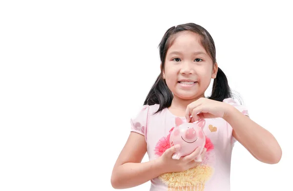 Happy Cute Asian Dívka Drží Růžové Prasátko Izolovaných Bílém Pozadí — Stock fotografie