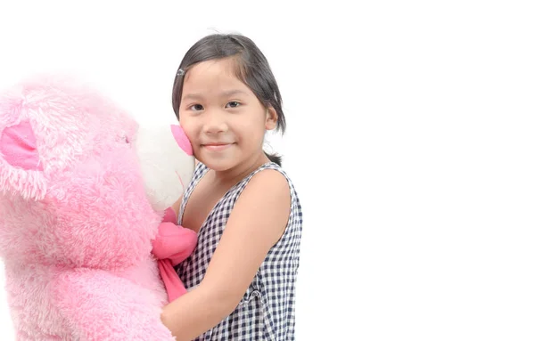 可爱的女孩拥抱大泰迪熊孤立的白色背景 爱和有趣的概念 — 图库照片