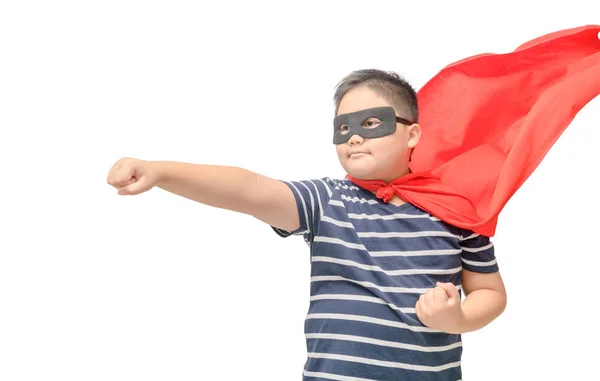 Niño Gordo Juega Superhéroe Aislado Sobre Fondo Blanco Concepto Poder — Foto de Stock