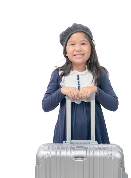 Happy asian girl with baggage isolated on white background, travel concept