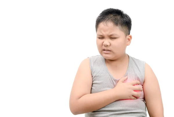 Zwaarlijvige Vet Jongen Geklemd Zijn Borst Van Acute Pijn Geïsoleerd — Stockfoto