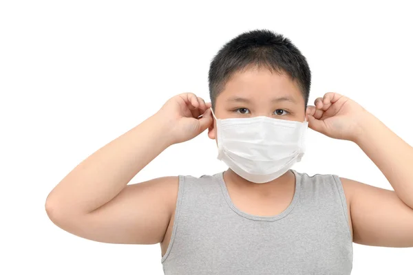 Menino Gordo Obeso Usando Máscara Protetora Para Proteger Poluição Gripe — Fotografia de Stock