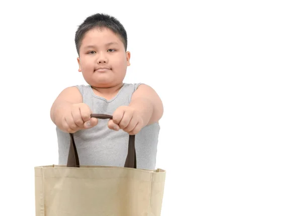 Niño Gordo Que Bolsa Lona Aislada Sobre Fondo Blanco Ahorra — Foto de Stock