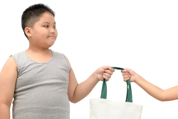 Fat Boy Holding Leinwandtasche Mit Schwester Isoliert Auf Weißem Hintergrund — Stockfoto