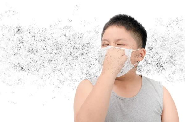 Obese fat boy wearing protective mask to protect pollution and the flu isolated on white background, Healthy concept