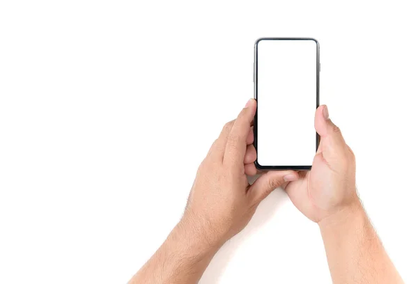 Man Handen Håller Svart Smartphone Med Blank Skärm Isolerad Vit — Stockfoto