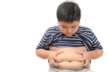 Obez şişman çocuk kilolu üzerinde beyaz izole