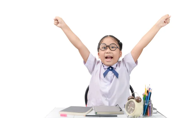 Roztomilý student šťastný po dokončení domácích úkolů — Stock fotografie