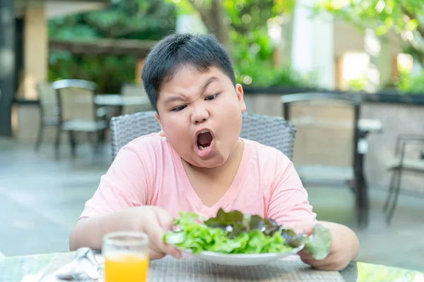 Jongen met uitdrukking van afkeer tegen groenten — Stockfoto