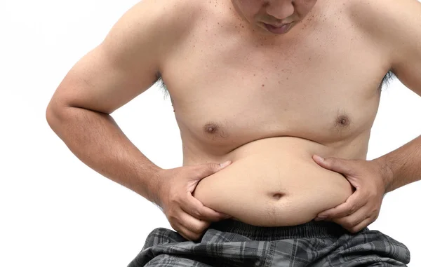 Obese man checking out his weight isolated — Stock Photo, Image