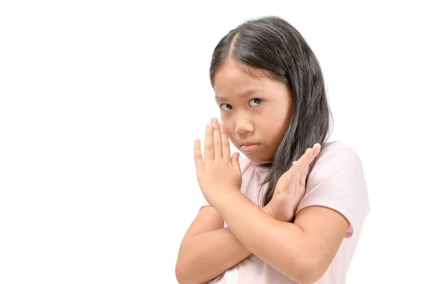 Serious cute girl showing crossed hands or forbidding gesture — Stock Photo, Image