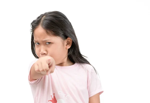 Porträt wütendes Mädchen zeigt mit dem Finger — Stockfoto