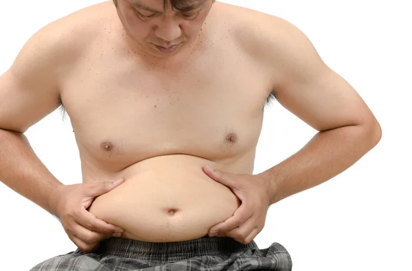 Obézní člověk, který kontroluje jeho hmotnost izolován — Stock fotografie