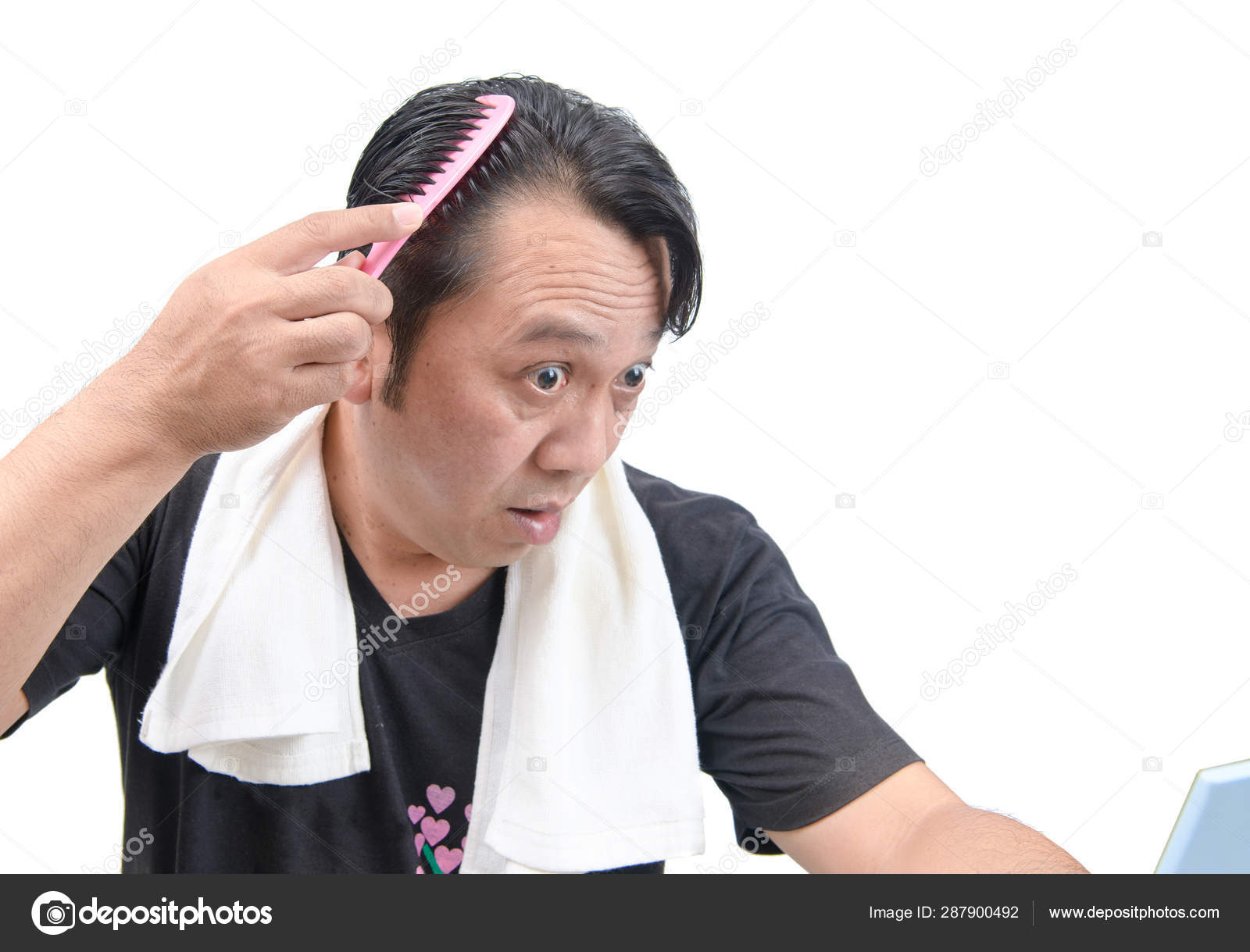Asian Man Worry About His Hair Loss Or Alopecia Isolated Stock
