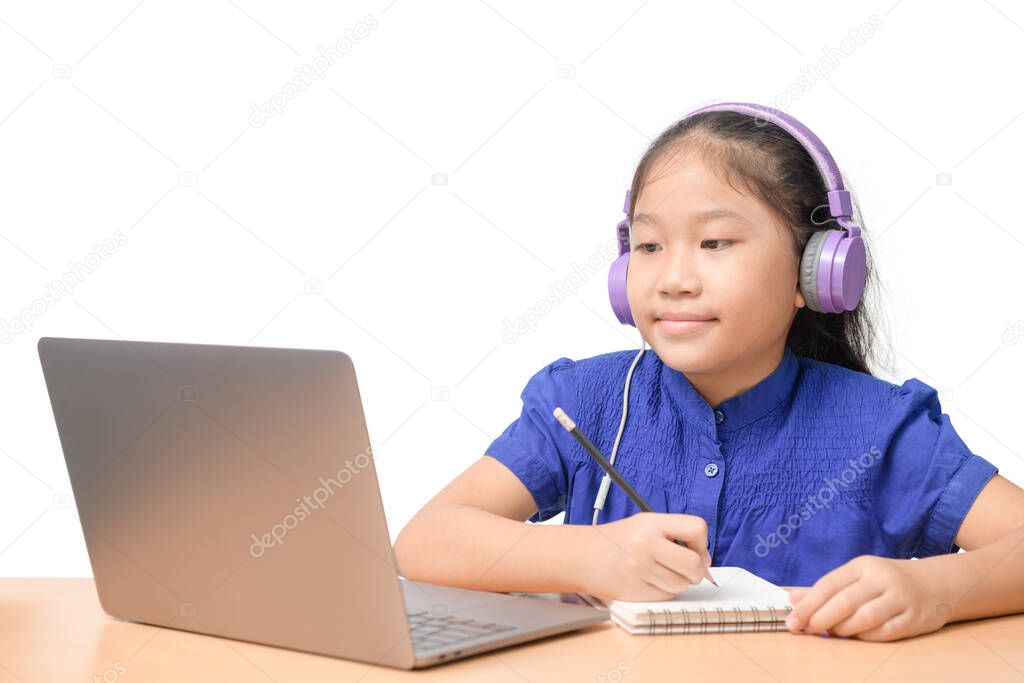 Cute girl student wear headphone study online with teacher isolated on white background, Happy boy student playing computer with headsets  and enjoy online with clipping path. Covid-19