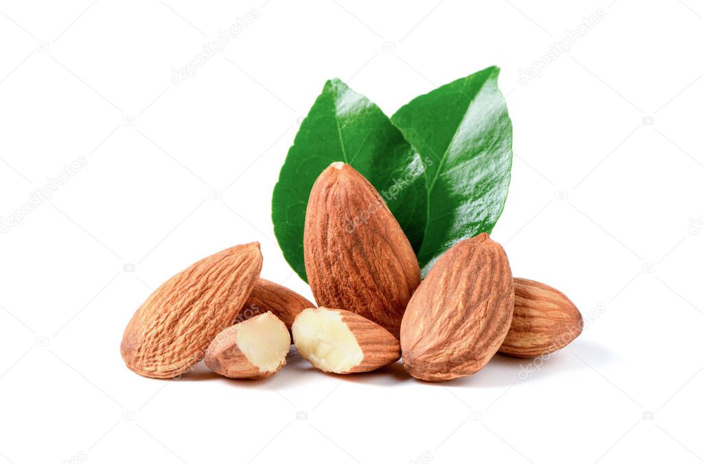 Almonds nuts with leaf isolated on white background, Almonds are very popular nuts. Almonds are high in healthy monounsaturated fats, fiber, protein and various important nutrients.