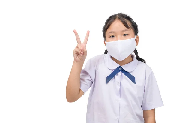 Дівчинка Азіатського Студента Носить Маску Проти Інфекційного Вірусу Показує Знаки — стокове фото