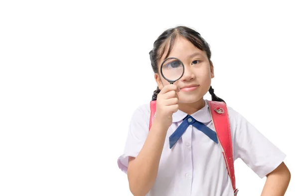 Nettes Mädchen Student Trägt Eine Brille Und Hält Eine Lupe — Stockfoto