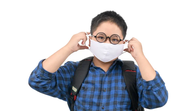 Ein High School Schüler Mit Maske Und Brille Trägt Rucksack — Stockfoto