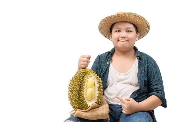 Bonito Menino Fazendeiro Segurar Durian Dedo Apontou Para Durian Isolado — Fotografia de Stock